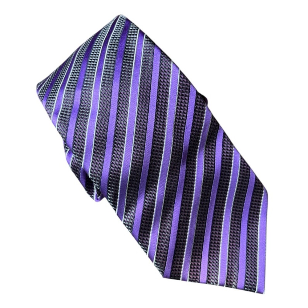 ERMENEGILDO ZEGNA Thick Woven Silk Mens Neck Tie PURPLE DIAGONAL STRIPES Italian